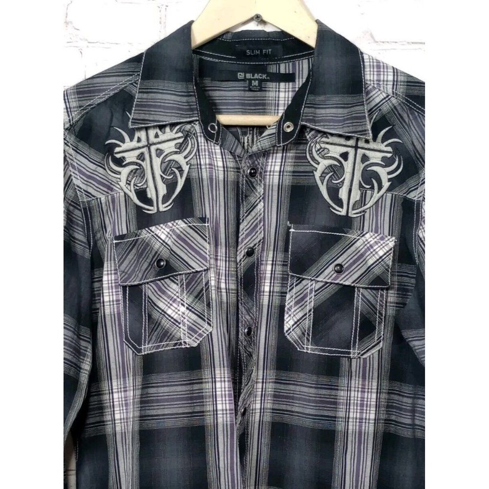 CJ Black Brand Slim Fit Plaid Striped Button Shirt Men's Med Back Graphic Rue21
